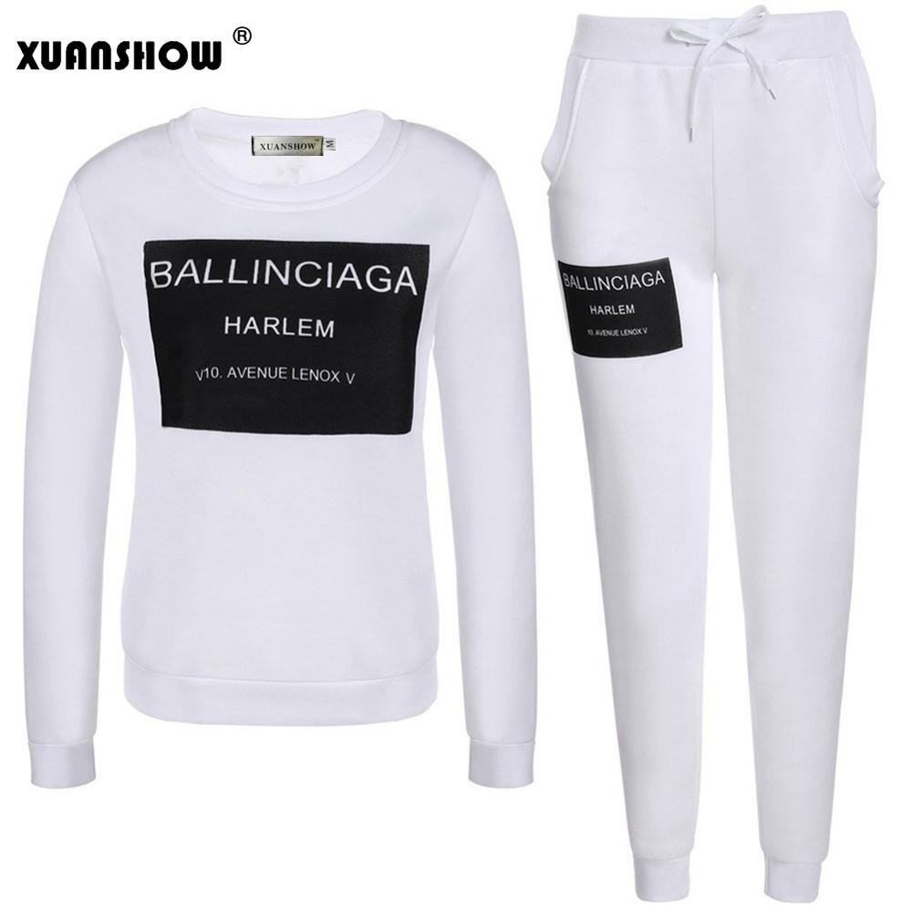 XUANSHOW Women Outfit Sportswear Spring Autumn Winter Printed Letters Ladies Fleece Tracksuits Long-sleeve Casual 2 Piece Set: White / XL