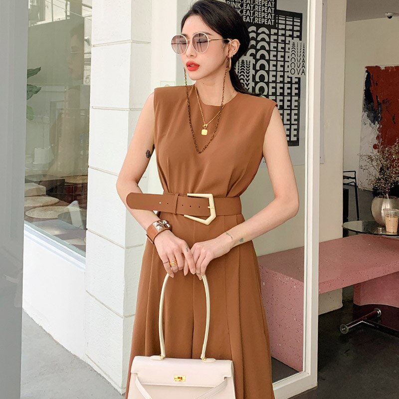 Summer Office Ladies Jumpsuits Bussines Sleeveless O Neck Sashes Overalls Formal Work Wide -Leg Rompers Jumpsuit with Belt