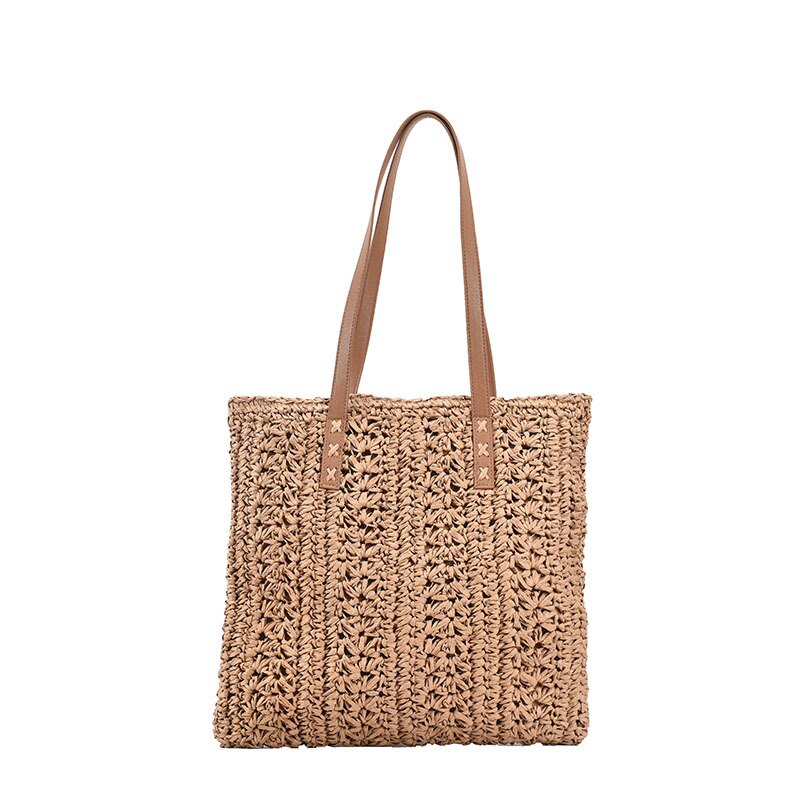 Square Hollow Straw Beach Bag Handmade Woven Shoulder Bag Raffia Rattan Shopping Travel Bag Bohemian Summer Vacation Casual Tote: Brown