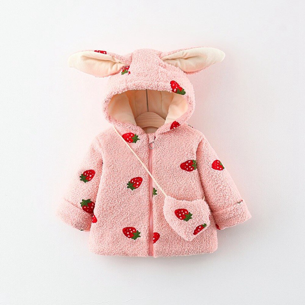 Winter Girls Kids Coat Warm Cherry Velvet Fleece Jacket Children Baby Infants Ear Hooded Thicken Outwear Casaco+Bag S11350: Pink Strawberry / 18M
