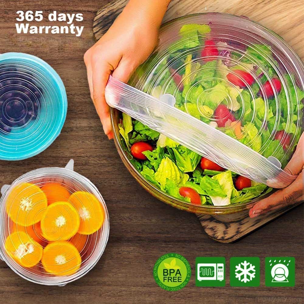 6 stk. silikonlokk, elastiske silikonlokk, universelle, tilpasningsdyktige lokk, til kjøkken, mikrobølgeovn, matlokk, bollelokk