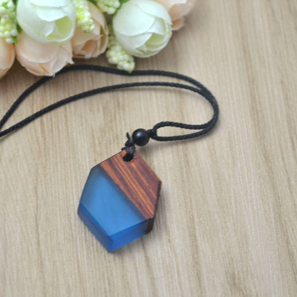 Leanzni geometric wooden resin necklace pendant, wood grain antique men and women's jewelry, woven rope,