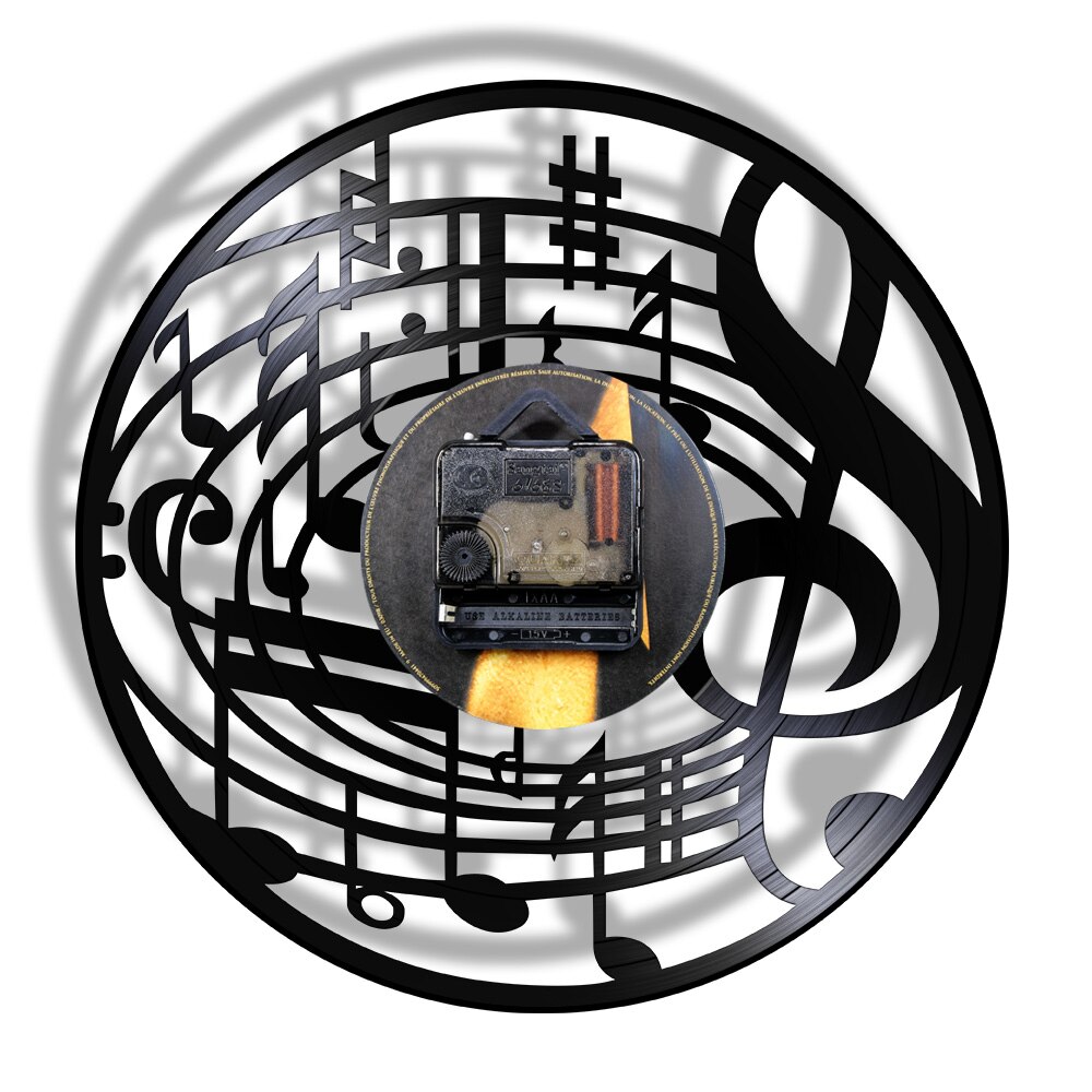 Rock n roll musik note led nat lys lampe diskant nøgle vægur lavet af ægte vinyl plade stille sweep watch reloj de pared