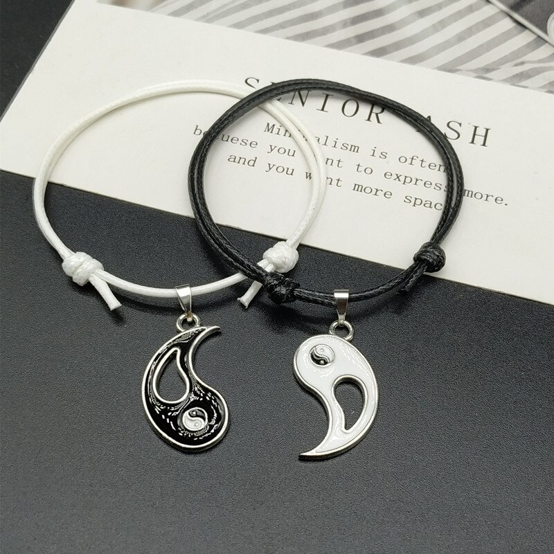 2 stks/partijen Paar Armband Yin Yang Chinese Stijl Vintage Armband Zwart Wit Rood Touw Verstelbare Hand Sieraden: white