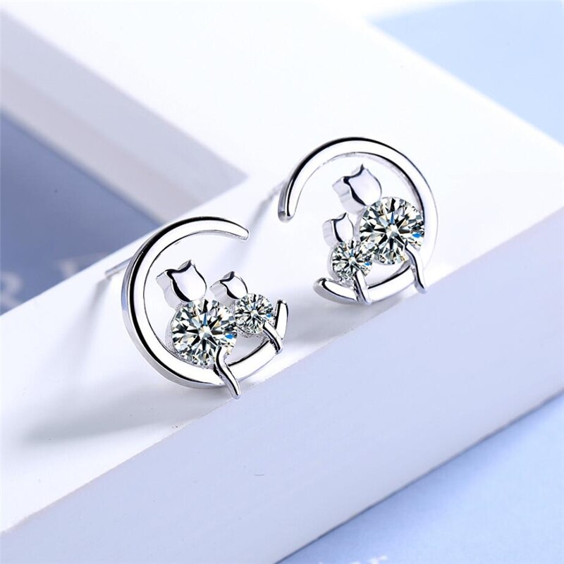 Sole Memory semicírcle Geometry Zircon Cat Sweet Cute 925 plata esterlina femenina pendientes SEA600