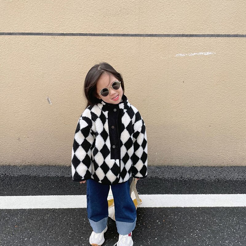 Winter Herfst Meisjes Warme Jas Baby Faux Fur Jas Kinderen Uitloper Kinderen Streetwear Mode Geometrische Zwart Wit 1 Tot 6 jr