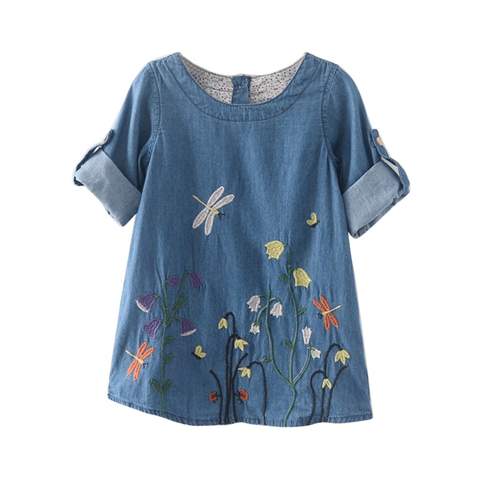 Mode Baby Kids Meisjes Korte Mouw Bloem Borduren Denim Prinses Jurken Peuter Meisje Zomer Kleding Hoge