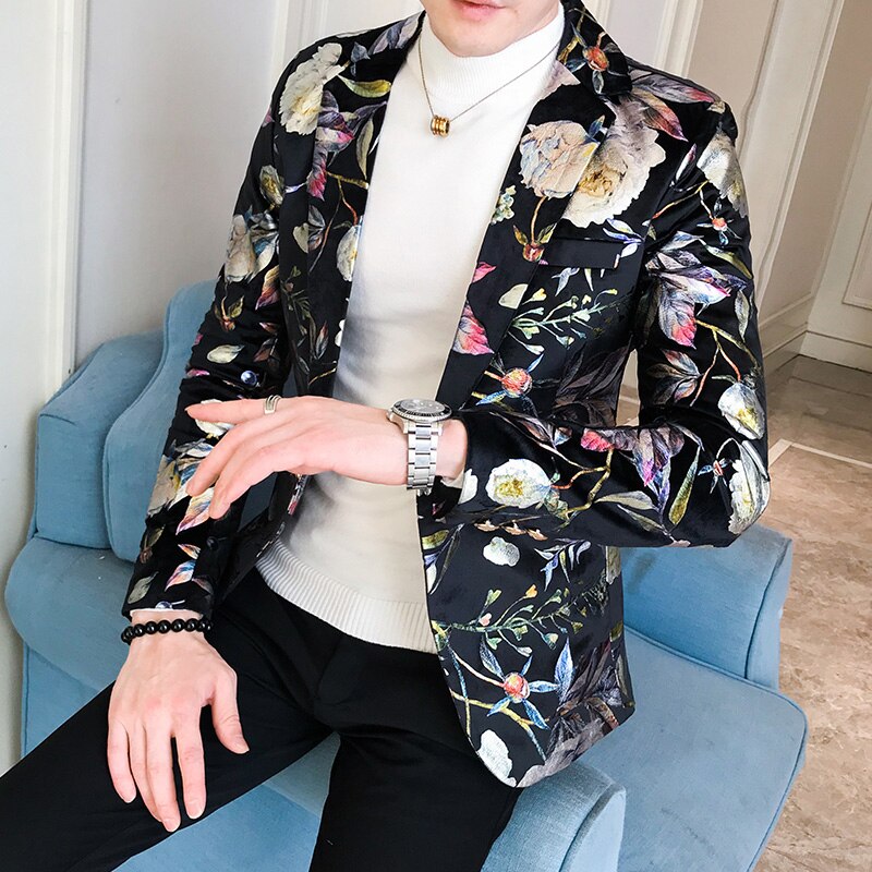 Menn blazer luksus blomster allover utskrift ball dress blazere single button party mann nattklubb slim fit bryllup dress jakke