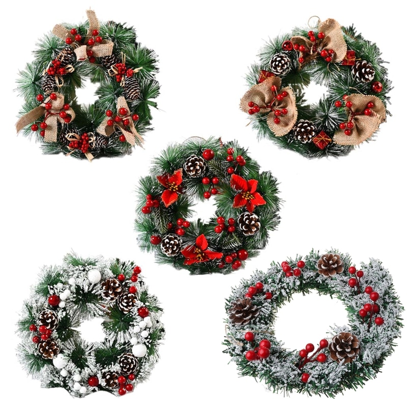 Christmas Wreath Artificial Pinecone Red Berries Garland Decoration Hanging Front Door Wall Tree Ornament