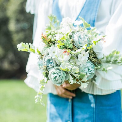 JaneVini Seide Brautjungfer Bouquets Künstliche Pfingstrose Rose Trouw Boeket Kleine Größe Braut Hochzeit Bouquet Griff Braut Blumen: Light Blue Peony