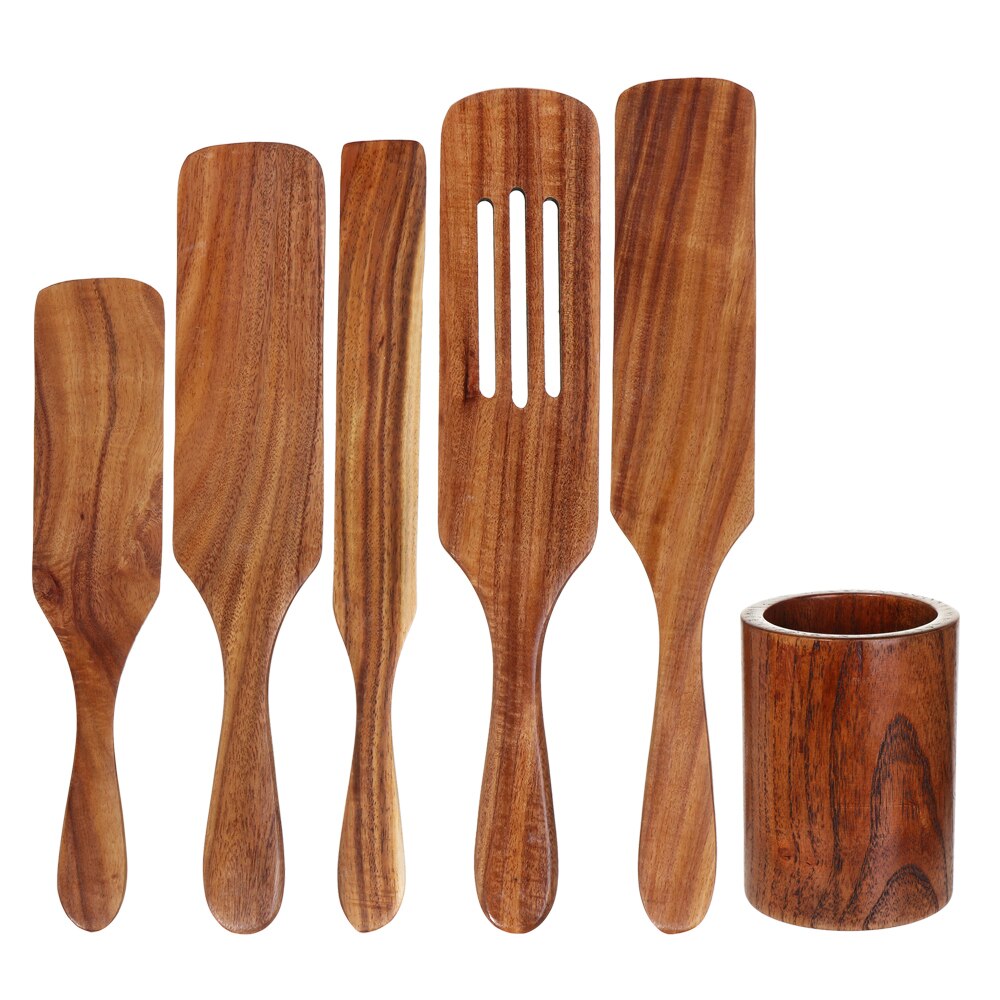 Kitchen Wooden Cooking Utensils Non Stick Natural Microphyll Acacia Wood Cookware Slotted Spurtle Spatula For Stirring Tools