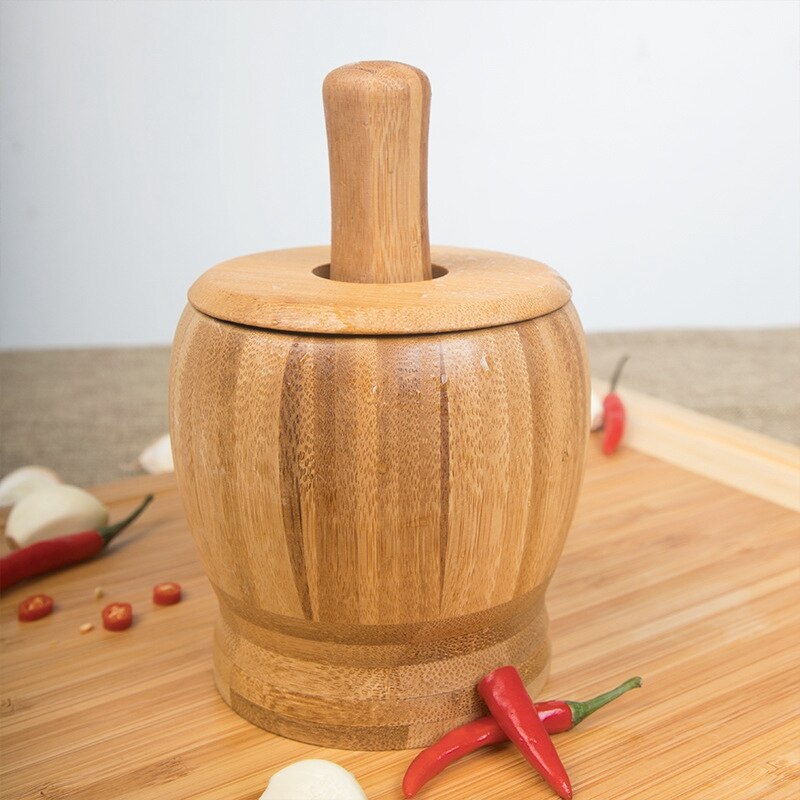 Pestle slibeskål sæt bambus mørtel og pistil piedestal skål hvidløg pot krydderi peber mølle værktøj køkkenredskaber