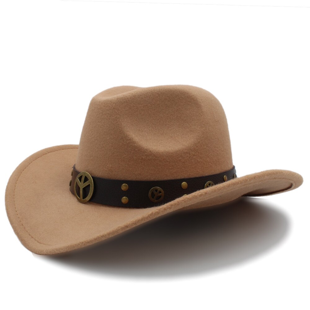 Men Wool Hollow Western Cowboy Hat for Gentleman Cowgirl Jazz Equestrian Sombrero Hombre Cap Size 56-58cm: Khaki