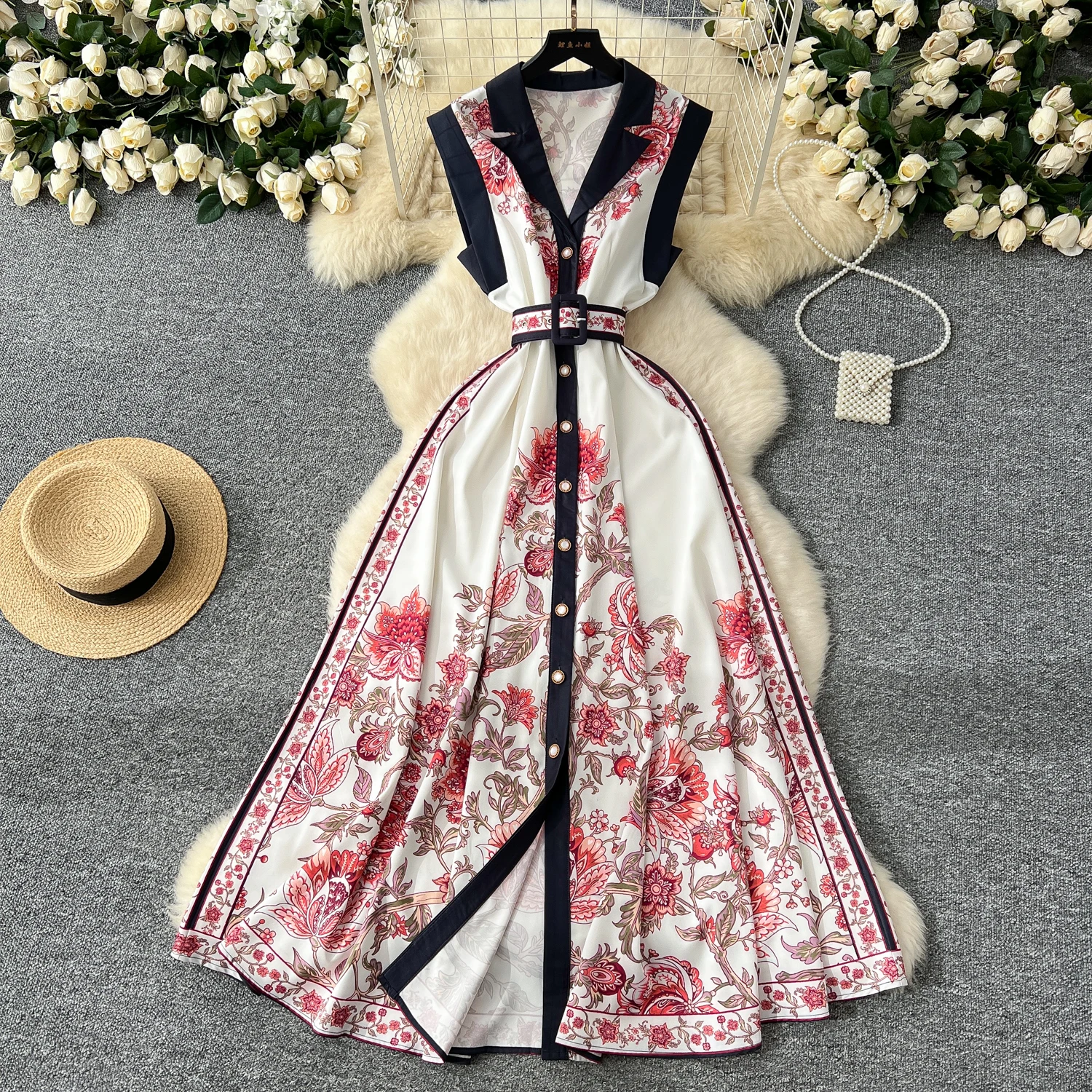 Print Single Breasted Sashes Vintage Notched Collar Sleeveless Slim Long Dresses Evening High Street Clothing: S / black