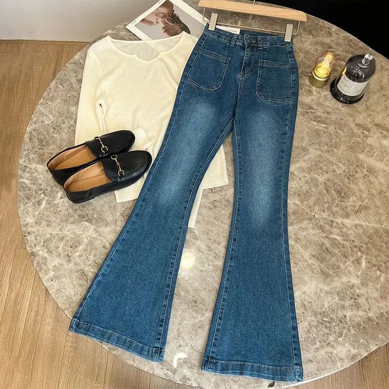 ZMZBCH Pantalones de cintura alta, pantalones vaqueros holgados lavados con bolsillos, pantalones vaqueros ajustados acampanados clásicos para mujer, Pantalones rectos elásticos Vintage que combinan con todo