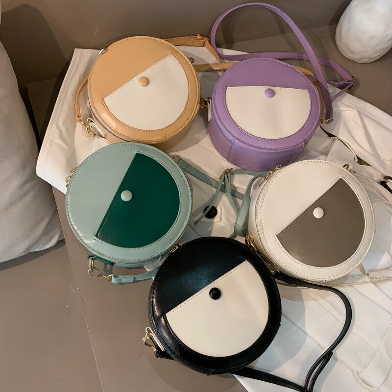 Small Round Shoulder Bag - PU Leather - Single Strap - Zipper Closure - Casual Tote