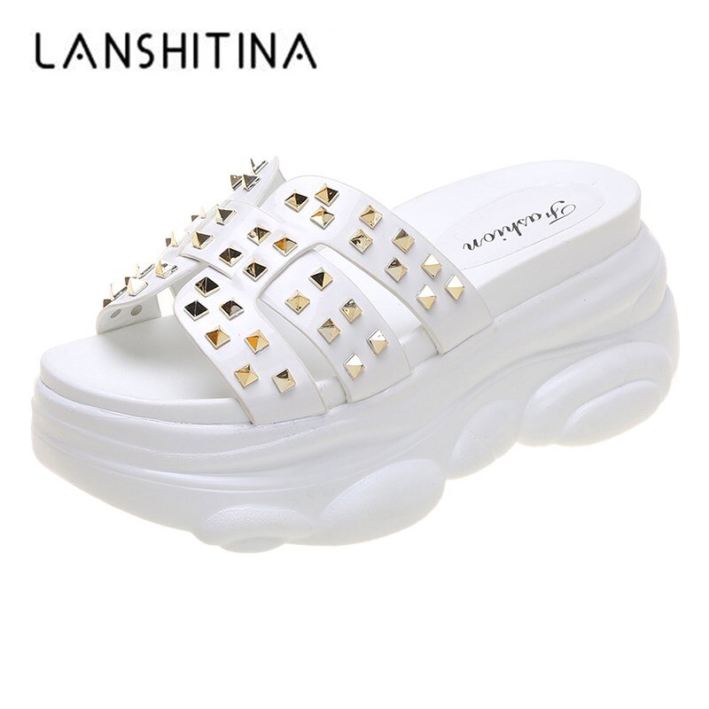 Tongs femmes pantoufles Super talons hauts plate-forme chaussures confortables compensées chaussures de plage Rivet sandales été chaussures grosses femmes: WHITE / 5