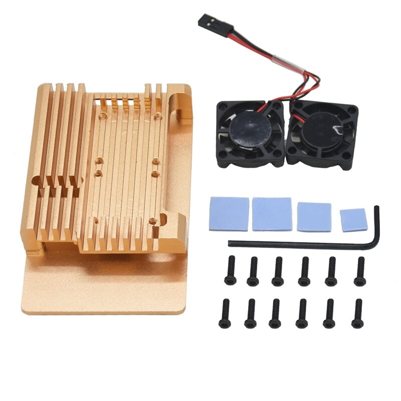 Voor Raspberry Pi 4 Model B + Cooling Shell Metalen Aluminium Case Radiator Fan (Goud)