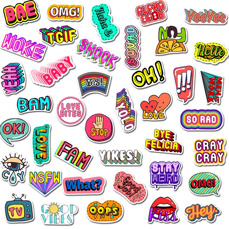 Pegatinas de letras en inglés de dibujos animados, pegatinas de grafiti personalizadas para equipaje y portátil, decoración impermeable, , 10/30/50 Uds.