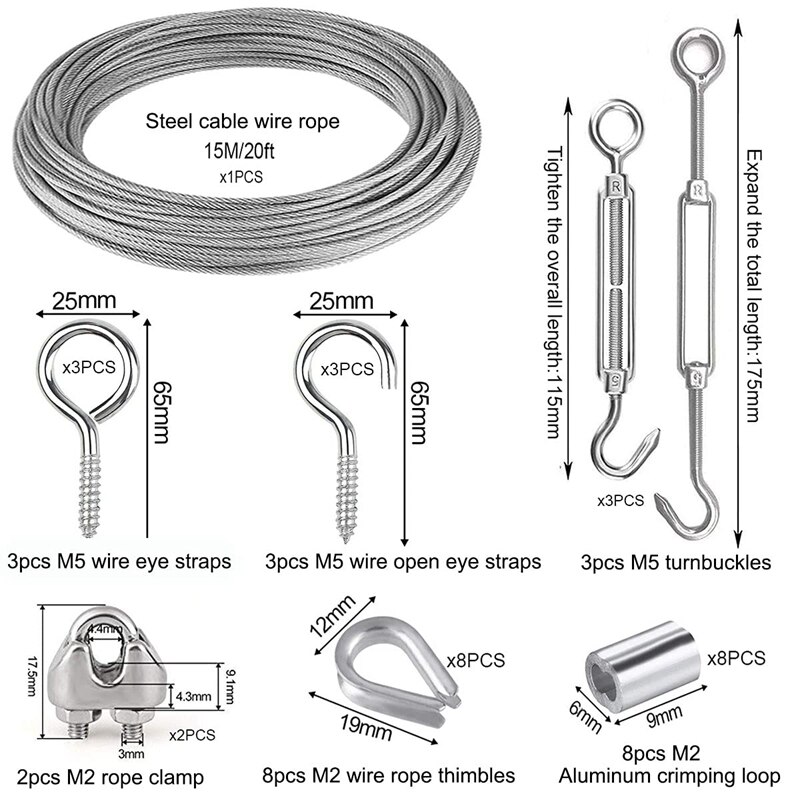 ! 15M Garden Wire For Climbing Plants,Wire Fence Wire Rope Clips Turnbuckle Wire Tensioner For String Lights Hanging Ki
