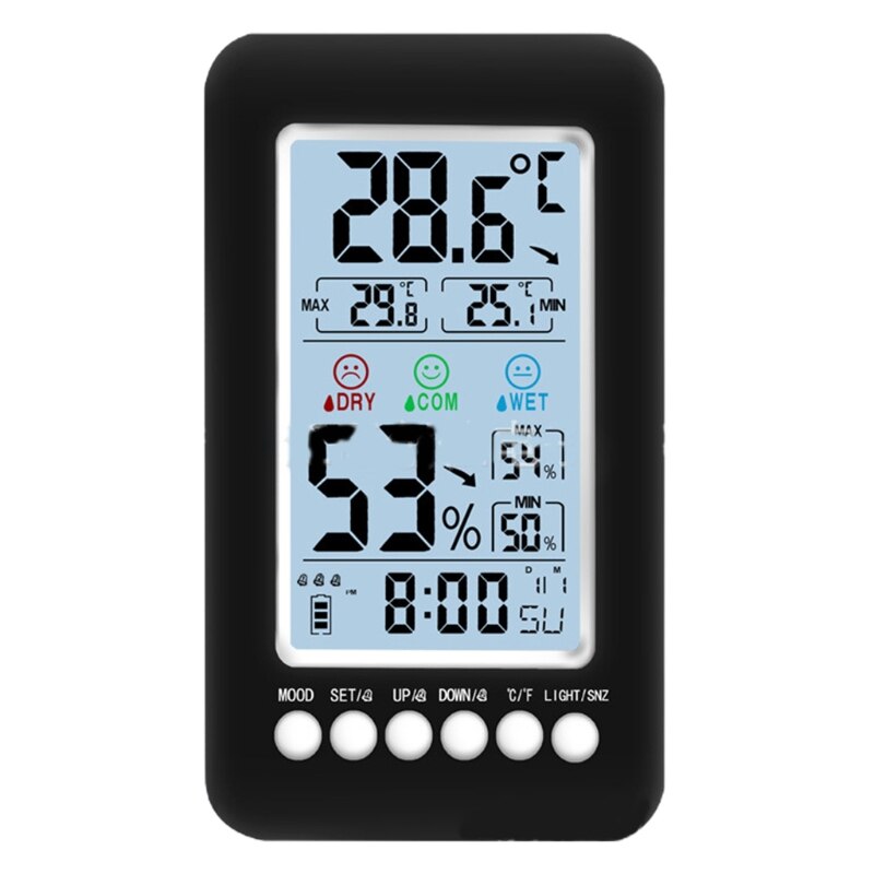 D7WA Indoor Hygrometer Thermometer w/ Alarm Clock Digital Temperature Humidity Meter with Large Screen Multifunctional: White light