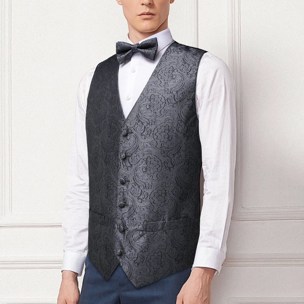 DiBanGu – gilet de smoking avec poche et nœud papillon pour homme, Blazer formel, gris foncé, argent, rouge, fête de mariage, ensemble carré