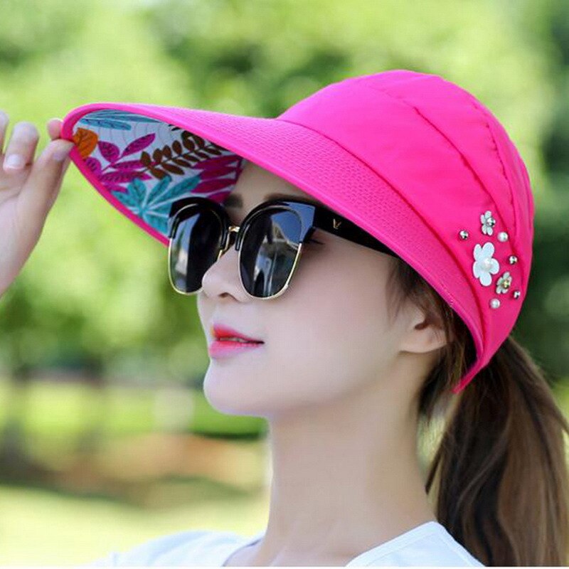 Mnoerffi Brede Rand Strand Hoed 1Pc Vrouwen Zon Hoeden Voor De Zomer Parel Packable Uv Bescherming Vrouwelijke Caps Zonneklep hoed Met Grote Hoofden: Rose Red