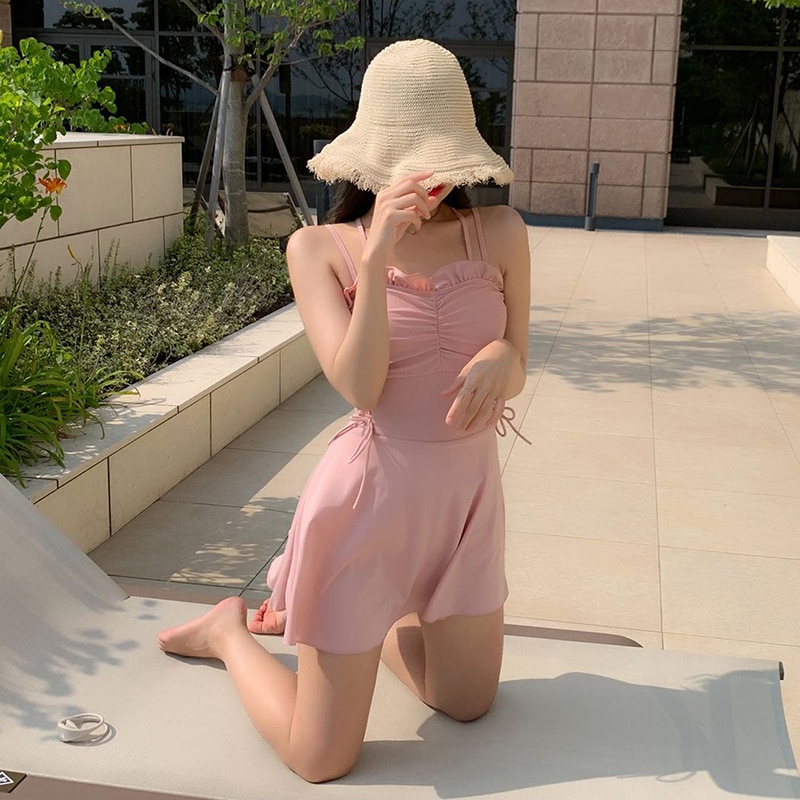 Pleated Push Up Bathing Suit Pink Solid Swimwear Straps Ruffle Skirted Swimwear Korea Style Bathers Women One Piece Swimsuit