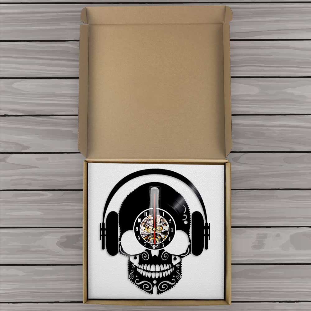 Skull Music Headphones DJ Wall Art Scary Skull Wearing Headphones Home Decor Musical Skull Vinyl Record Wall Clock Wall Watch