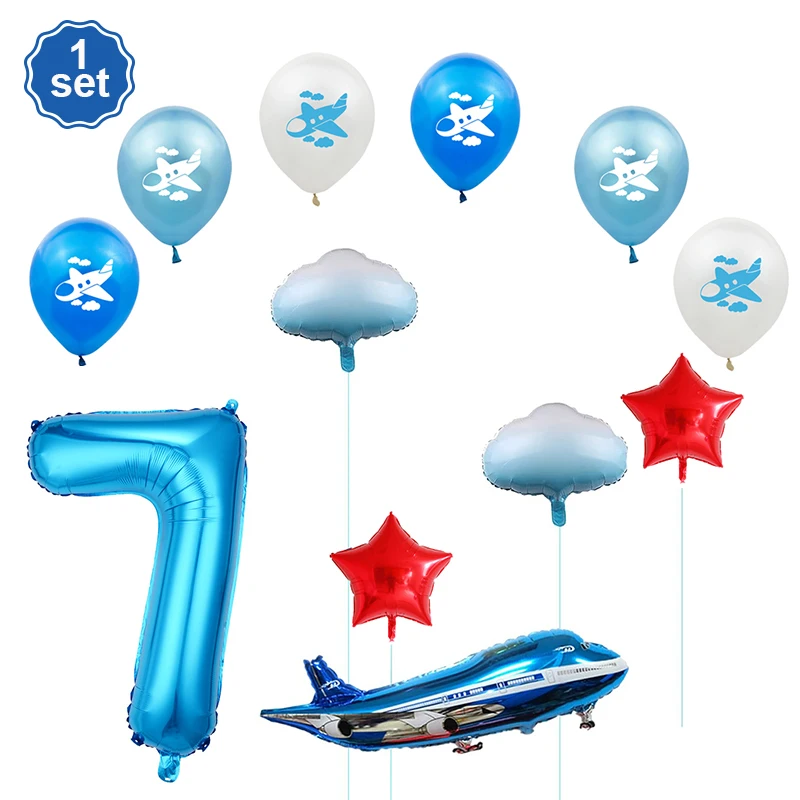 Airplane Foil Balloon Set 32in Number Balloons Banner Kids Boys Girls Airplane Birthday Decorations Aviator Baby Shower Supplies