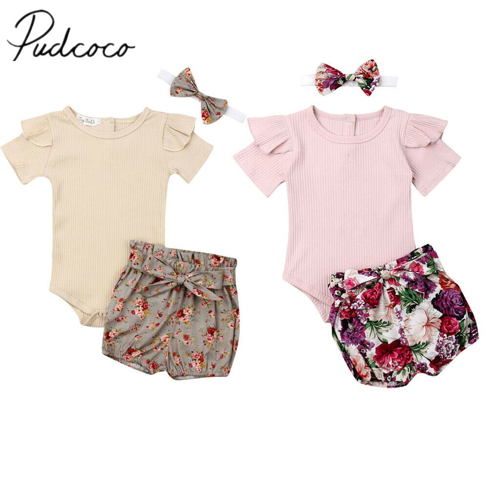 Baby Zomer Kleding Pasgeboren Baby Baby Meisje Jongens Kleding Sets Solid Geribbelde Romper + Bloemen Pp Shorts + Hoofdband 3Pcs Outfit