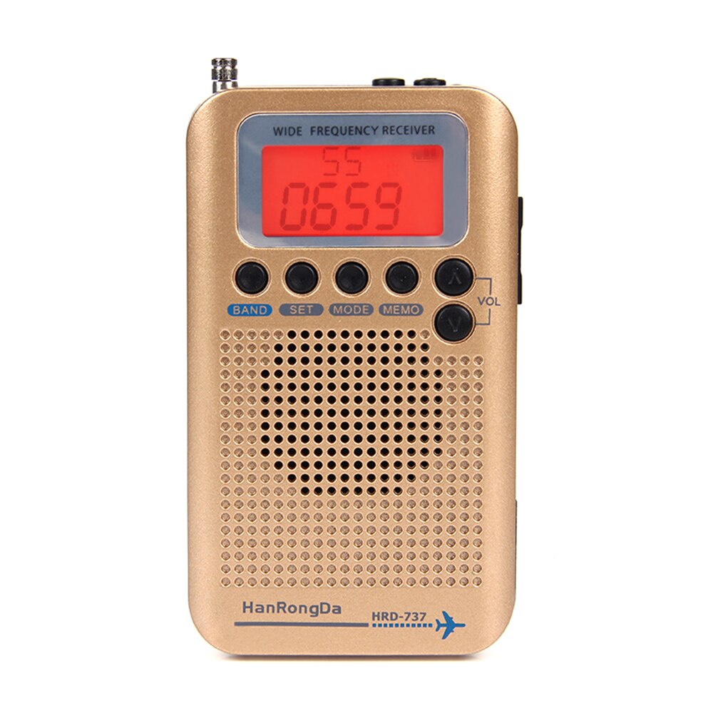 HanRongDa-Radio portátil de banda completa para HRD-737, receptor de banda, FM/AM/SW/ CB/Air/VHF, banda mundial con alarma con pantalla LCD, reloj: Gold