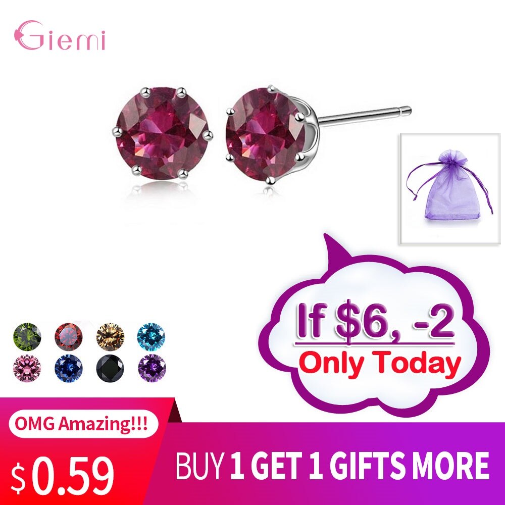 Cubic Zirconia CZ Stone 6MM Jewelry Stud Earrings 925 Sterling Silver Earrings Women 20 Colors: Color17