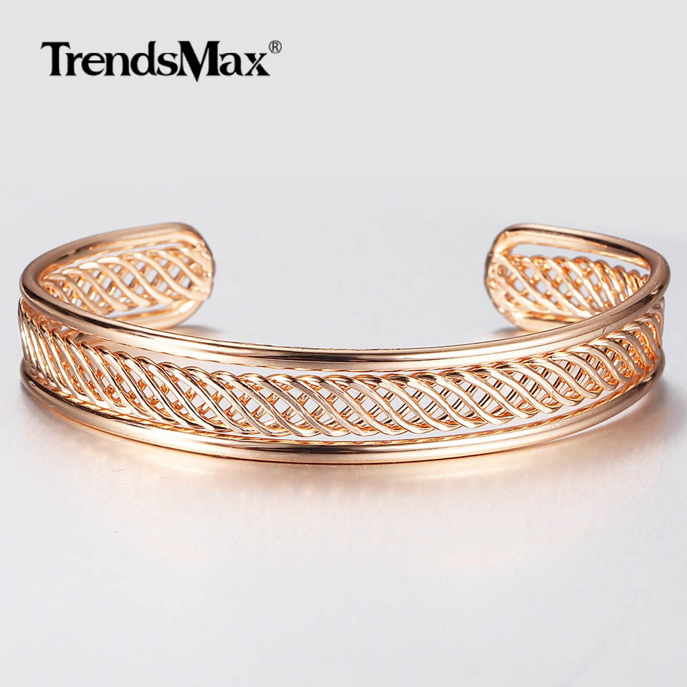 12mm 585 Rose Gold Cuff Bangle Bracelet for Women Girl Twisted Carved Wristband Simple Party Wedding Jewelry CB54