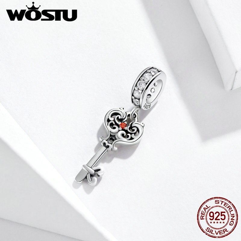 Pingente chave coração wostu prata 925, conta para pulseira personalizável prata 925