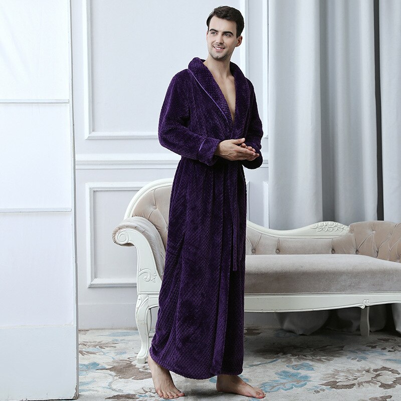 Morgonrock hane varm morgonrock vinter lila morgonrock extra lång flanell badrock hane helärmad kimono bad pyjamas homme
