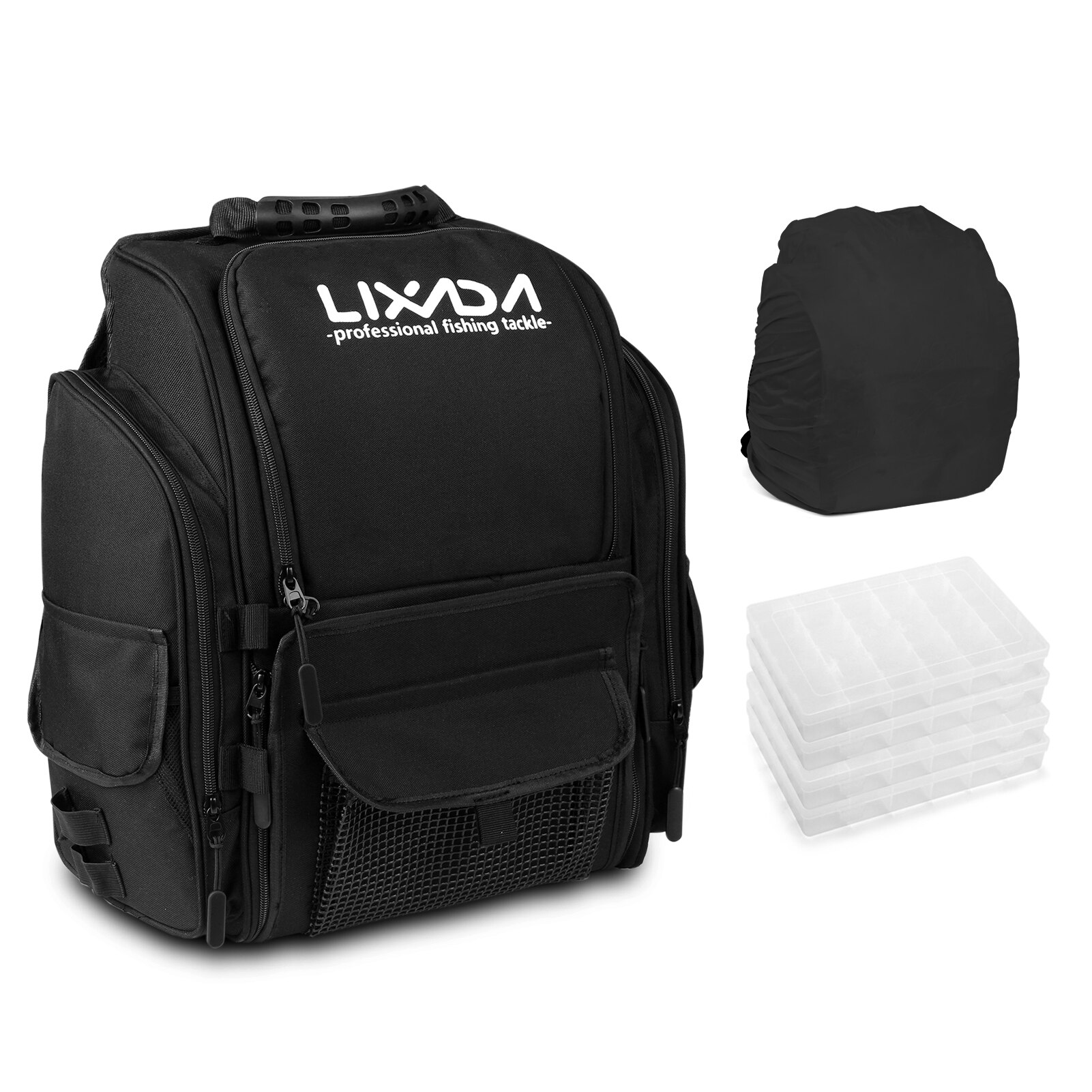 Lixada Fishing Tackle Backpack with 4 Trays Large Tackle Storage Bag with Rain Cover Outdoor Shoulder Backpack Fishing Gear Bag