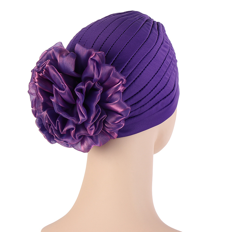 Solid Color Turban Hat Female Stylish Indian Exaggerated Big Flower Turban Hat Western Style Comfortable Pullover Hat: Purple