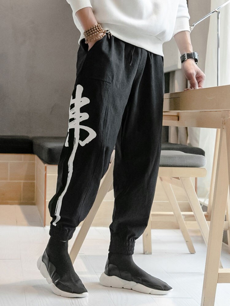 Japon Corée Style Coton Lin Kanji Monk Impression décontracté Harem Pantalons Taille Élastique En Vrac