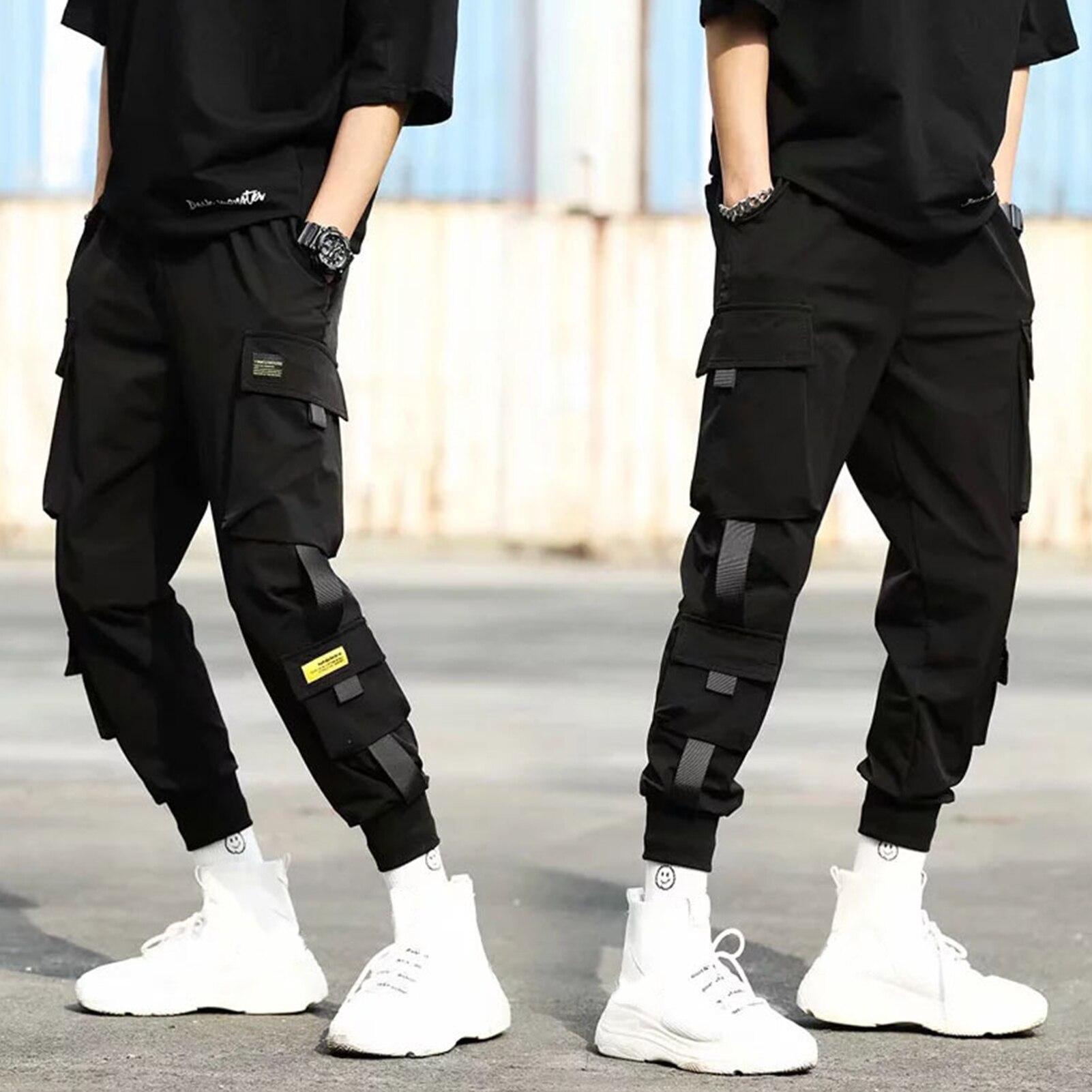 Pantalones de Cargo con cordón para hombre, cintura elástica informal, con bolsillos atados al tobillo