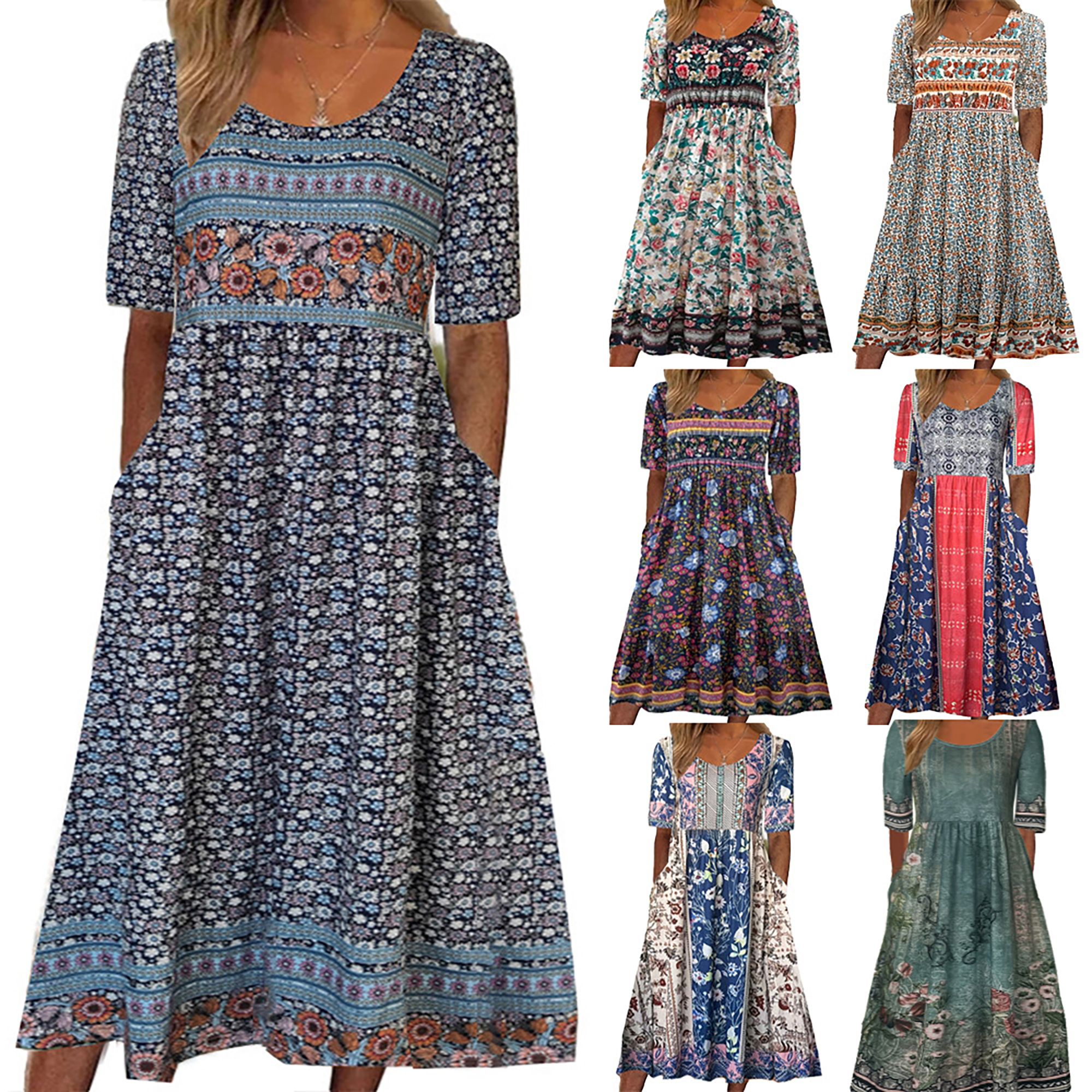 Robe longue style bohémien pour femmes, ample, imprimée, col rond, manches courtes, été 2025