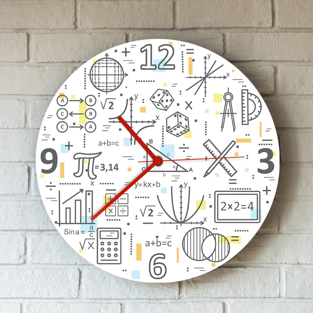 Modern Thin Line Concept of Mathematics Printed Acrylic Wall Clock Mathematical Formula Studying Education Colorful Wall Watch