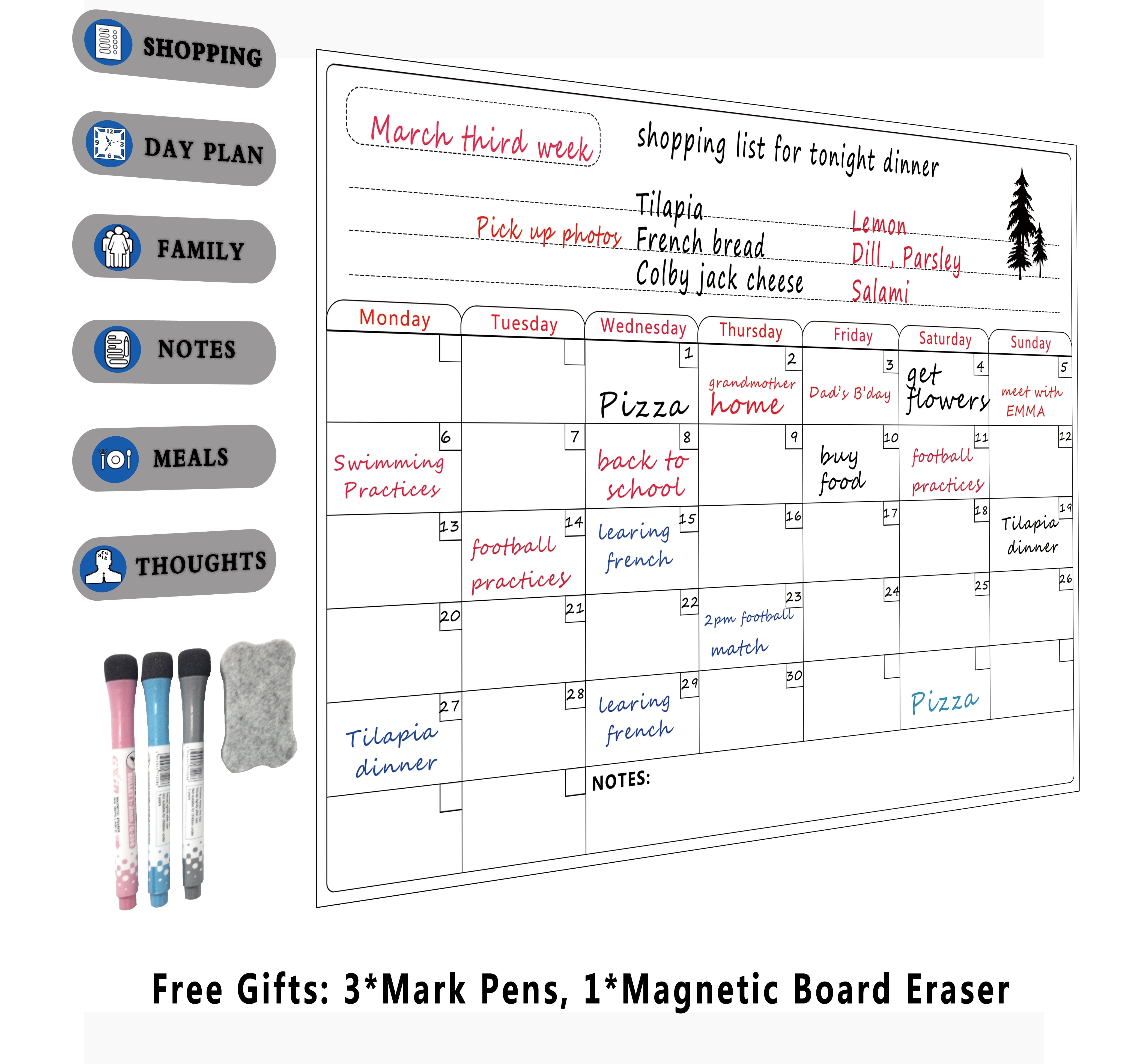 Dry Erase Calendar - A3 Magnetic Dry Erase Weekly Calendar for Refrigerator - Grocery List and Week Menu Board for Fridge