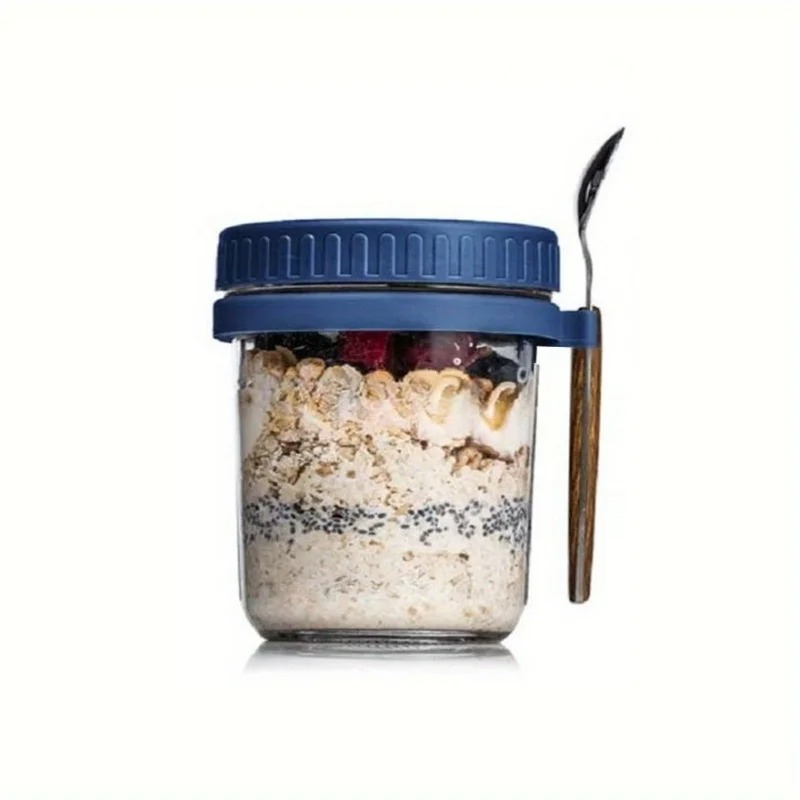 Taza de avena nocturna de 350ML, vaso con tapa y cuchara, taza para desayuno, taza portátil para cereales, leche, ensalada, yogur, artículo de cocina: Azul