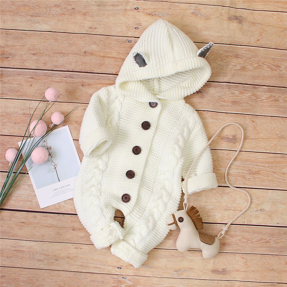Focusnorm 0-24M Winter Baby Meisjes Jongens Rompertjes Knit Solid Hooded Lange Mouwen Single Breasted Warm Jumpsuits