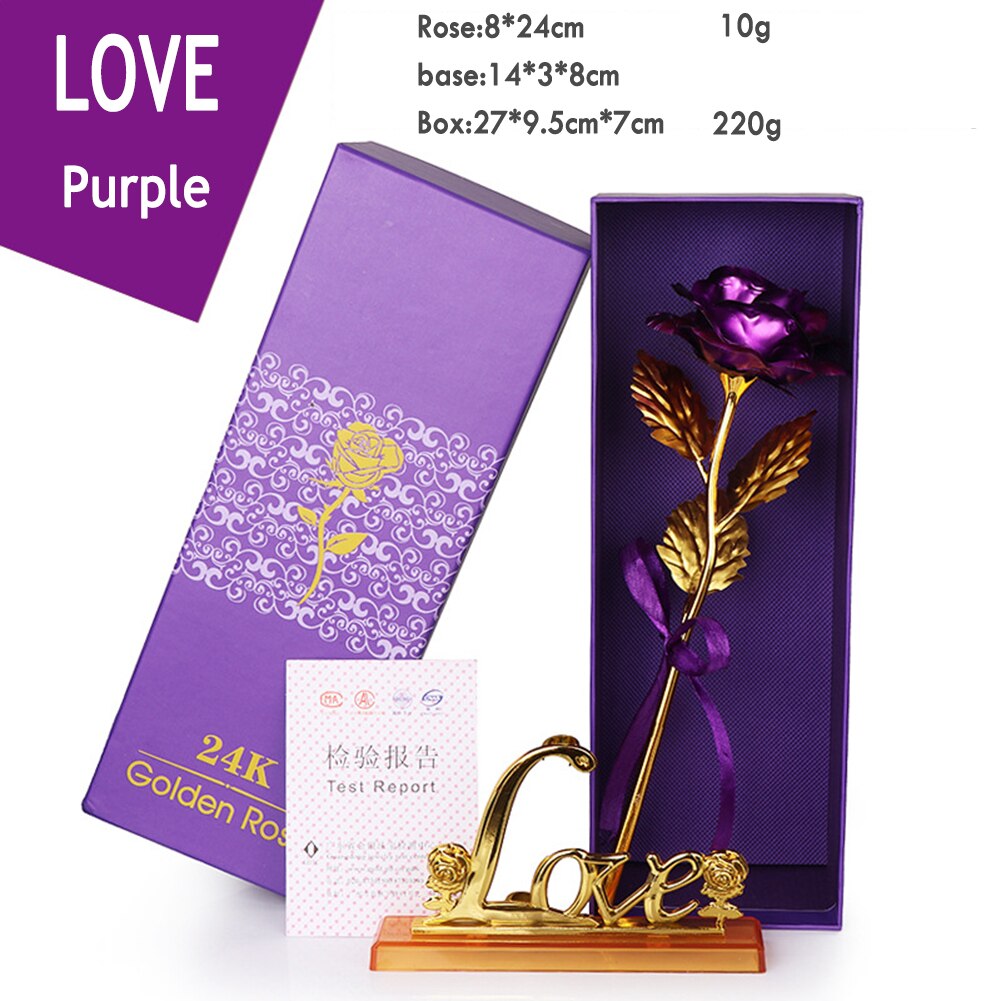 Delicate Gold Foil Rose Flower Box Simulation 24K Valentines Day Christmas Wedding Home Furnishing Decor: purple with Box