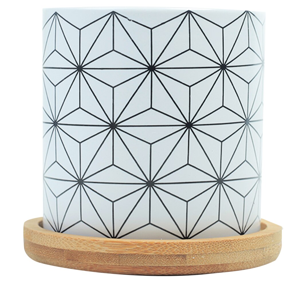 Jarrón de cerámica con forma de flor de escritorio, jarrón con forma geométrica, maceta sencilla para decoración de hogar y oficina con bandeja de Bambú: 3