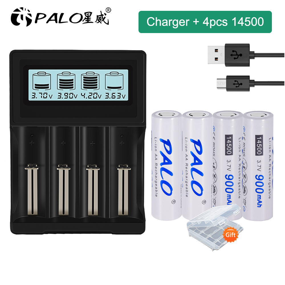 PALO 3,7 V 14500 batería recargable 14500 baterías AA de iones de litio con cargador 14500 para faros de linterna Led: Azul