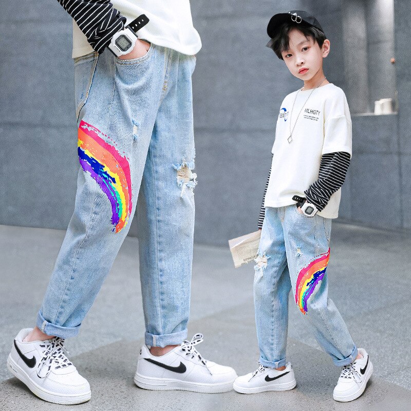 Kids Jeans Boys Clothes Rainbow Print Jeans Children Boys Denim Clothing Trend Long Bottoms Baby Boys Trousers