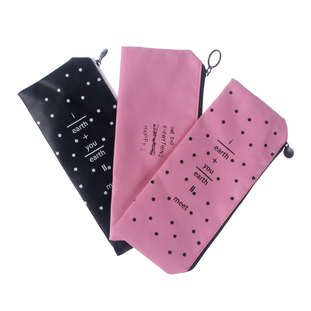 1pc schattige roze etui's voor meisjes, zwart-wit gestippeld, leren etui, etui, schrijfwaren organizer, schoolbenodigdheden voor kinderen